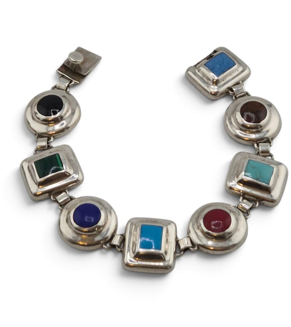 Vintage Mexico Sterling Silver Multi Stone Inlay Link Bracelet 43.88g 8.25"